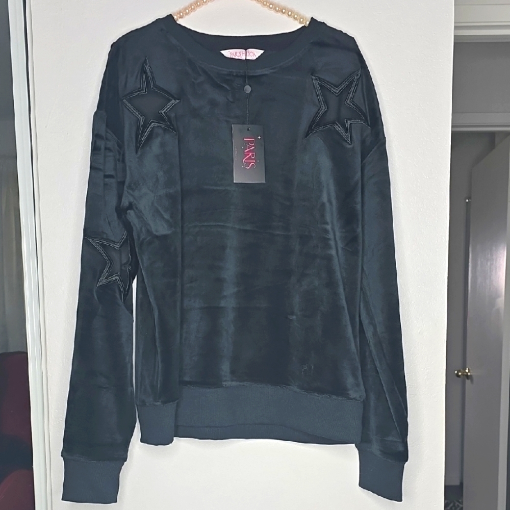 Paris Hilton The Star crew Black Velvet Swearshirt Size L, New With Tags - Picture 1 of 9